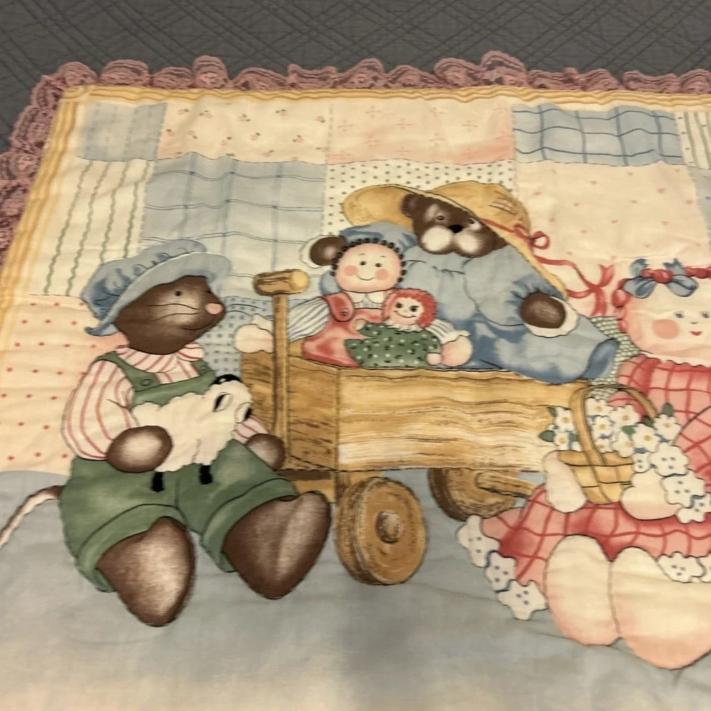 Vintage Country Bear Friends Baby Nursery Quilt Blanket 27x36 Cottagecore